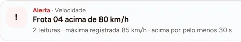 Detalhe ampliado: alerta de velocidade da Frota 04, acima de 80 km/h, máxima registrada 85 km/h